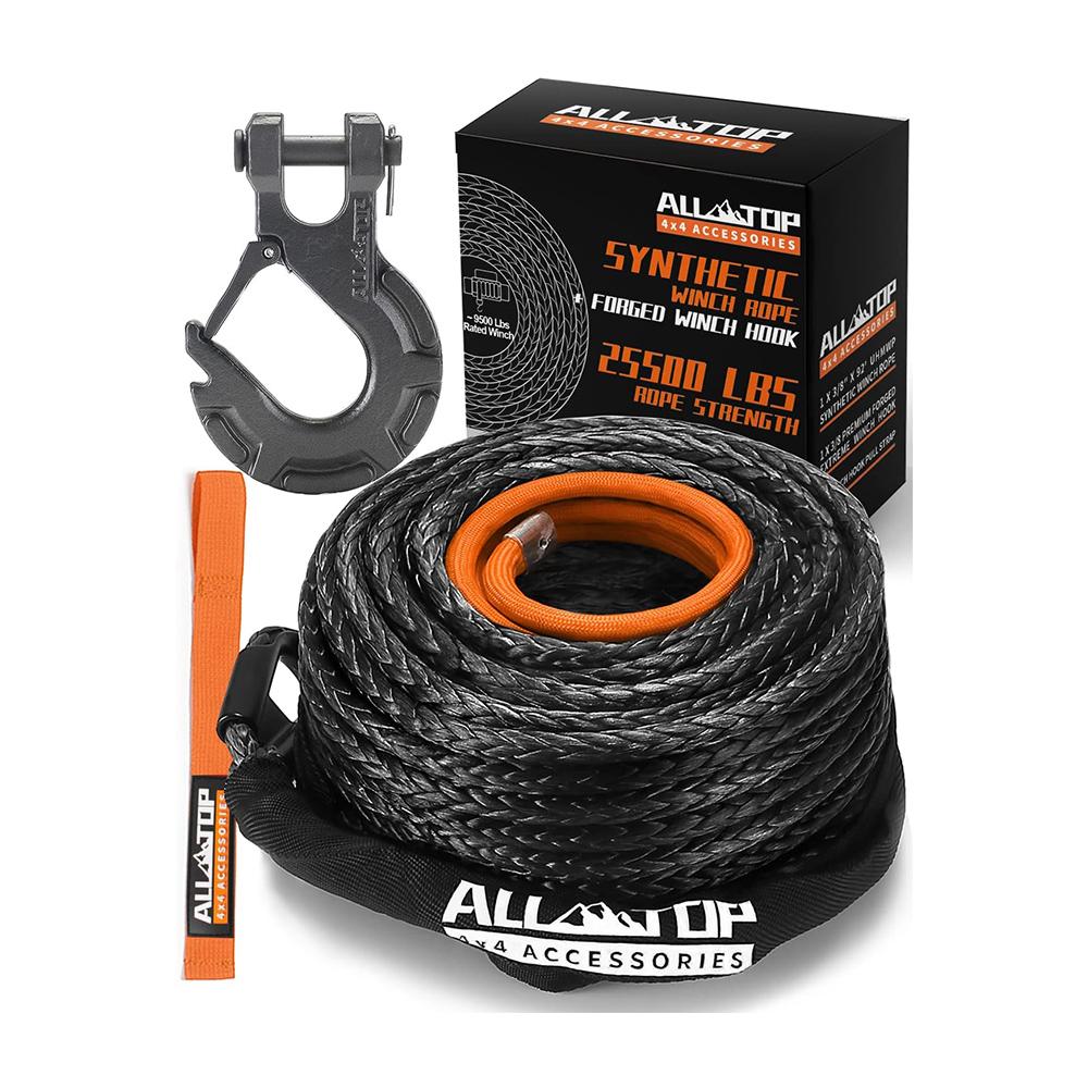 ALL-TOP Synthetic Winch Rope Kit, 3/8in x 92ft, 25500Lbs Winch Cable Replace Kit + Forged Winch Hook & Safety Pull Strap