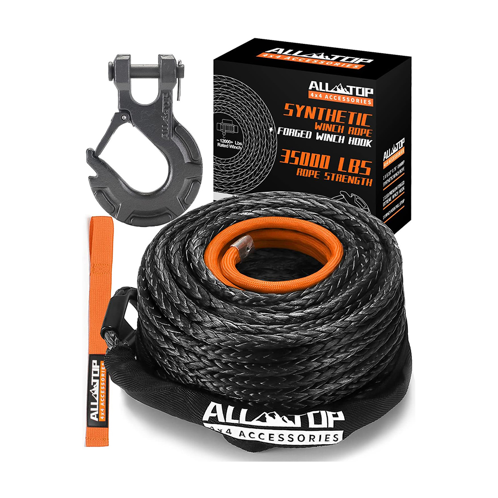 ALL-TOP Synthetic Winch Rope Kit, 9/16in x 76ft, 35000Lbs Winch Cable Replace Kit + Forged Winch Hook & Safety Pull Strap
